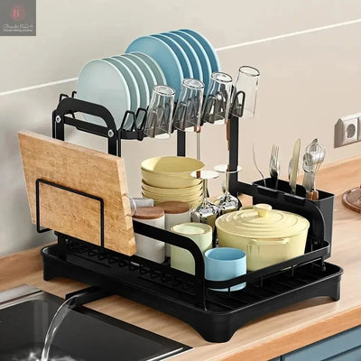 2 Tier Dish Bowl Drainer Storage Rack Kitchen Dish Drying Rack with Drain Basket Countertop Dinnerware Organizer Drainboard BrandMe24