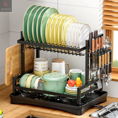 Dish Drainer Rack 2 Tier Rustproof Dish Drainer Rack with Drip Tray and Utensils Holder with 360° Swivel Spout Drain Board Set BrandMe24