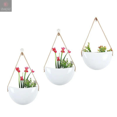 Green Plant Pot Hanging White Bright Flowerpot Ceramic Hemp Rope Leather Rope BrandMe24