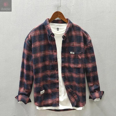 Men's Casual Plaid Shirt Japanese Workwear Style BrandMe24
