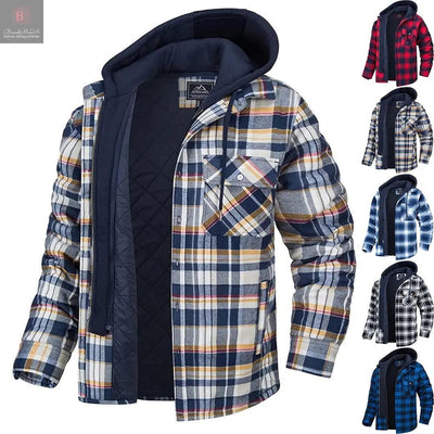 Men's Plaid Hooded Coat Winter Warm Button Zip-up Jacket Fashion Casual Thick Padded Long Sleeves Outerwear Clothing BrandMe