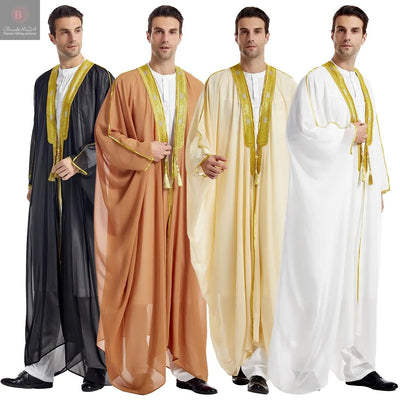 Men's Robe Arabic Embroidered Long Sleeve Tassel Golden Balls Chiffon Shawl BrandMe24