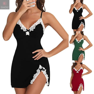 Push Up Deep V Bow Side Slit Slim Fit Slip Nightdress Suit BrandMe24