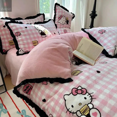 Sanrio Hello kitty My melody Kuromi Cinnamoroll cute cartoon double-sided milk velvet bed sheet and quilt cover four-piece set BrandMe24